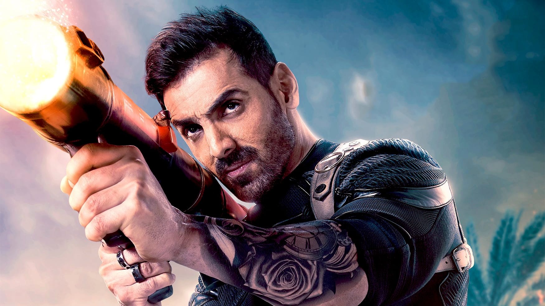 John Abraham in Pathan holding a rocket launcher in his hand
